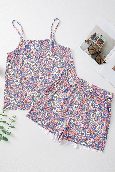 Sky Blue Floral Print Spaghetti Straps Tank Top and Shorts Set